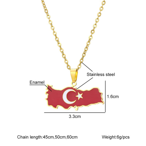 Turkey Ethnic Map Flag Pendant Necklace Stainless Steel Gold Silver Color Men Women Turkish Country Map Jewelry Gift