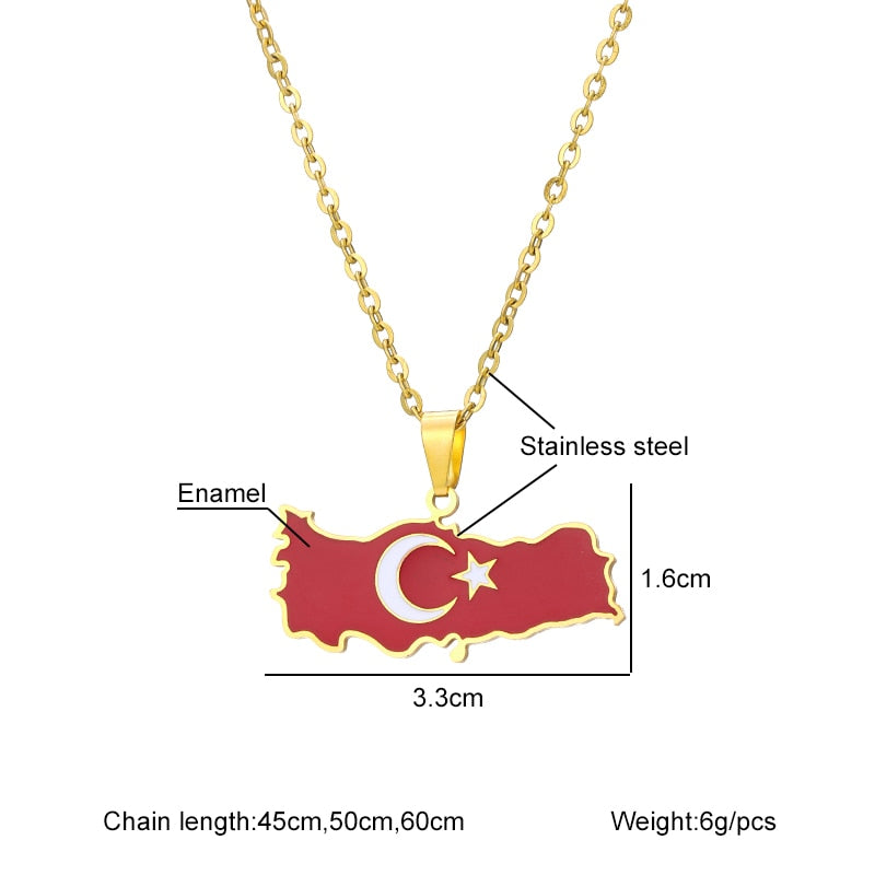 Turkey Ethnic Map Flag Pendant Necklace Stainless Steel Gold Silver Color Men Women Turkish Country Map Jewelry Gift