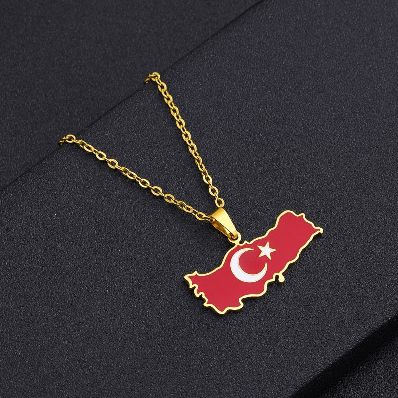 Turkey Ethnic Map Flag Pendant Necklace Stainless Steel Gold Silver Color Men Women Turkish Country Map Jewelry Gift