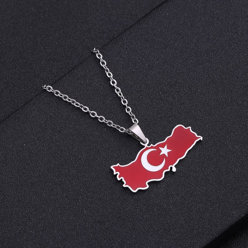 Turkey Ethnic Map Flag Pendant Necklace Stainless Steel Gold Silver Color Men Women Turkish Country Map Jewelry Gift