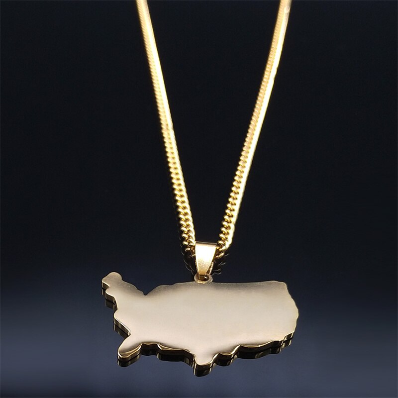 2023 America Flag Pendant Necklace Stainless Steel Charm Necklaces Women/Men Gold Color Country Map Necklace Jewelry NXH459S05