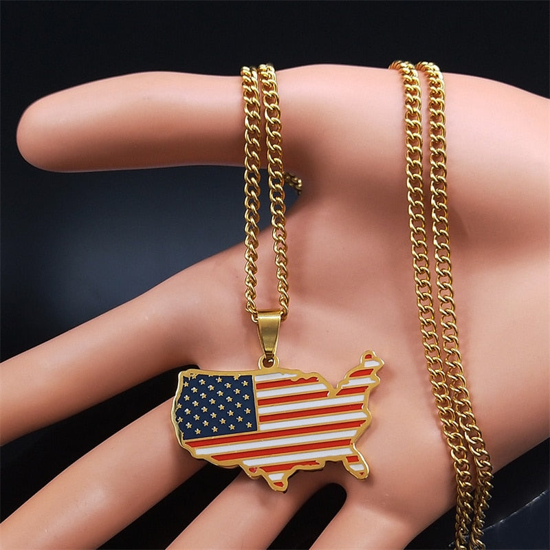 2023 America Flag Pendant Necklace Stainless Steel Charm Necklaces Women/Men Gold Color Country Map Necklace Jewelry NXH459S05