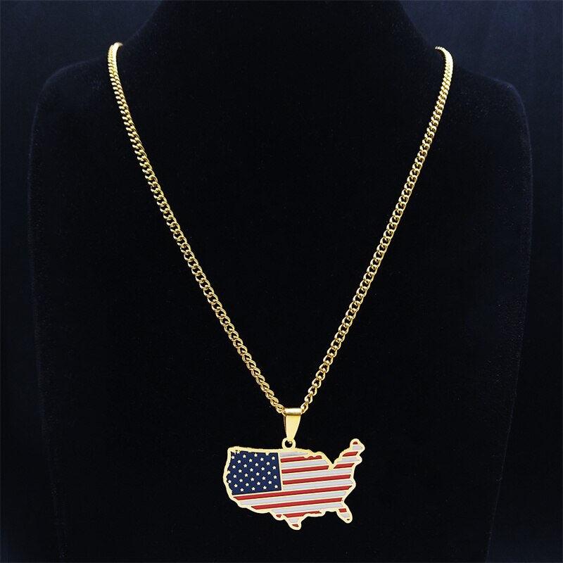 2023 America Flag Pendant Necklace Stainless Steel Charm Necklaces Women/Men Gold Color Country Map Necklace Jewelry NXH459S05