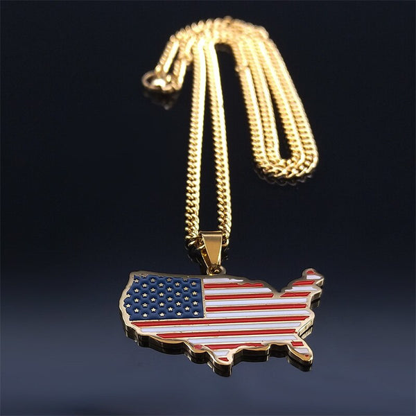 2023 America Flag Pendant Necklace Stainless Steel Charm Necklaces Women/Men Gold Color Country Map Necklace Jewelry NXH459S05