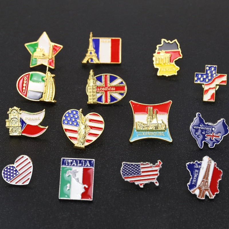 Flag Pin Collection Various Countries Flag Lapel Pin World Famous Building Badges Jewelry Gift for Friends