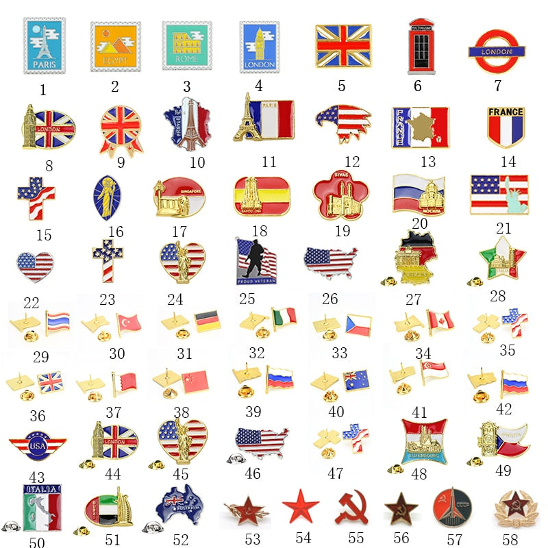 Flag Pin Collection Various Countries Flag Lapel Pin World Famous Building Badges Jewelry Gift for Friends