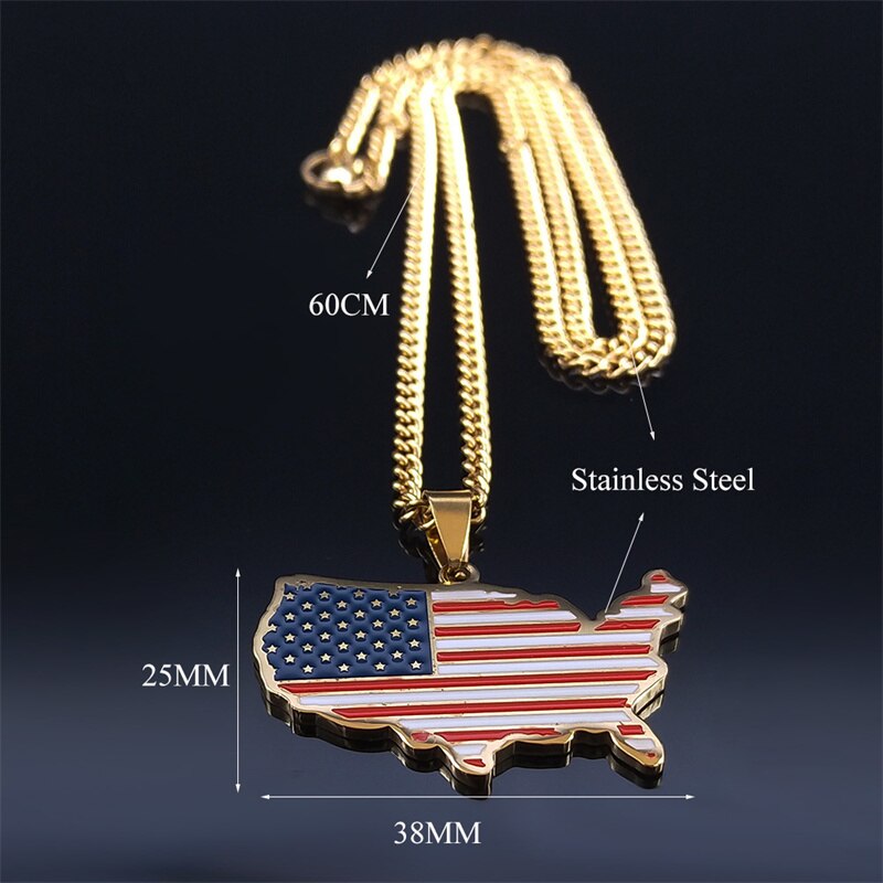 2023 America Flag Pendant Necklace Stainless Steel Charm Necklaces Women/Men Gold Color Country Map Necklace Jewelry NXH459S05