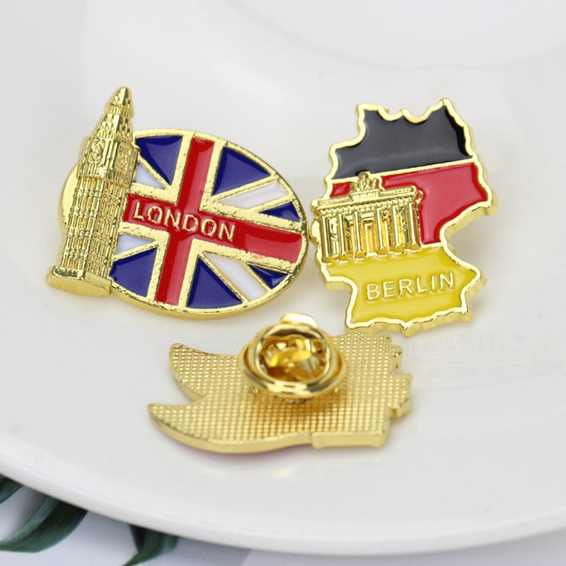 Flag Pin Collection Various Countries Flag Lapel Pin World Famous Building Badges Jewelry Gift for Friends