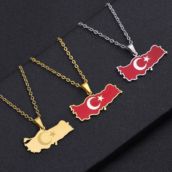 Turkey Ethnic Map Flag Pendant Necklace Stainless Steel Gold Silver Color Men Women Turkish Country Map Jewelry Gift