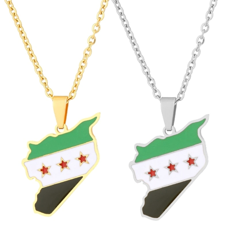 28TF Unisex Syria Country Map Flag Pendant Necklace Gold Silver Color Chain Choker Necklace Jewelry Christmas Party Ornament